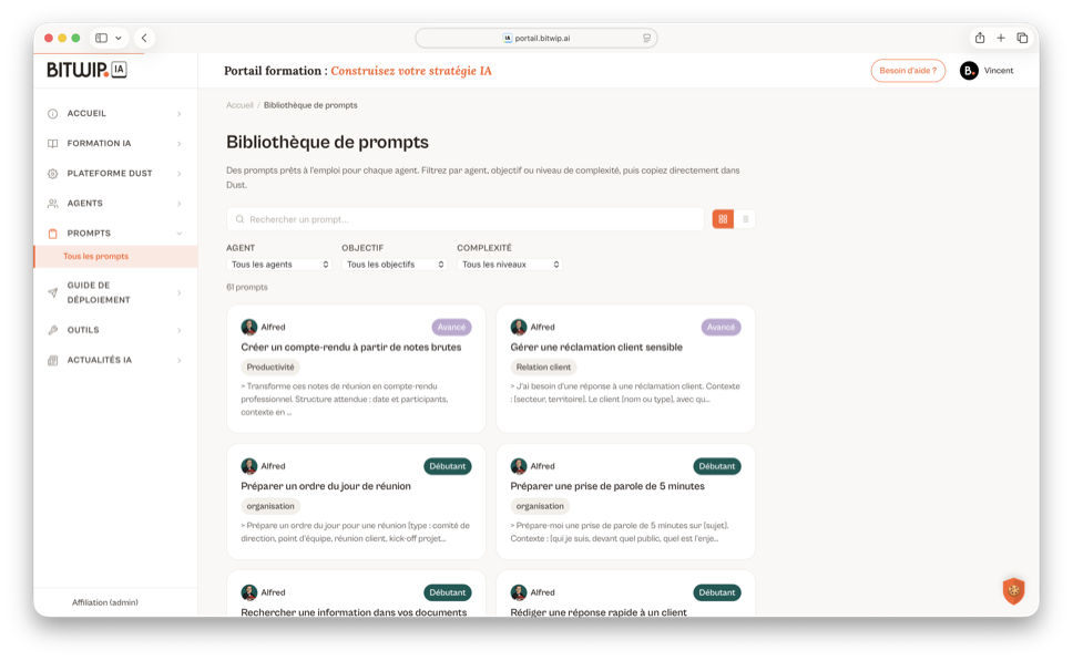 Bibliothèque de prompts testés, filtrables par usage